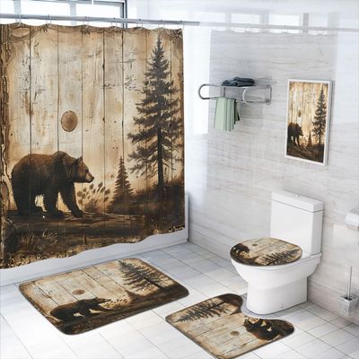 4 Pcs Rustic Shower Curtain Set with Rug, Toilet Lid Cover and Bath Mat Bear Forest Mountain Brown Wooden Board Bathroom Decor Sets Accessories with 12 Hooks