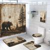 4 Pcs Rustic Shower Curtain Set with Rug, Toilet Lid Cover and Bath Mat Bear Forest Mountain Brown Wooden Board Bathroom Decor Sets Accessories with 12 Hooks view 1