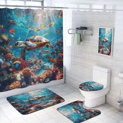 4 Pcs Ocean Animal Shower Curtain Set with Rug, Toilet Lid Cover and Bath Mat Underwater World Sea Turtle Coral Fish Bathroom Shower Curtain with 12 Hooks Accessories Decorative