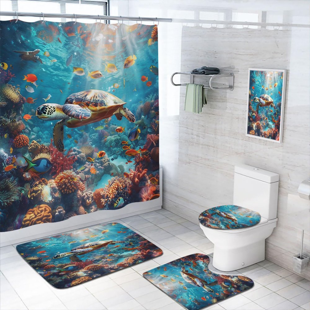 4 Pcs Ocean Animal Shower Curtain Set with Rug, Toilet Lid Cover and Bath Mat Underwater World Sea Turtle Coral Fish Bathroom Shower Curtain with 12 Hooks Accessories Decorative