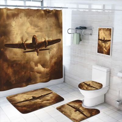 4 Pcs Retro Airplane Bathroom Shower Curtain Set with Rug, Toilet Lid Cover and Bath Mat Bomber Jets Plane Aircraft Fighter Bathroom Decor Sets Accessories with 12 Hooks