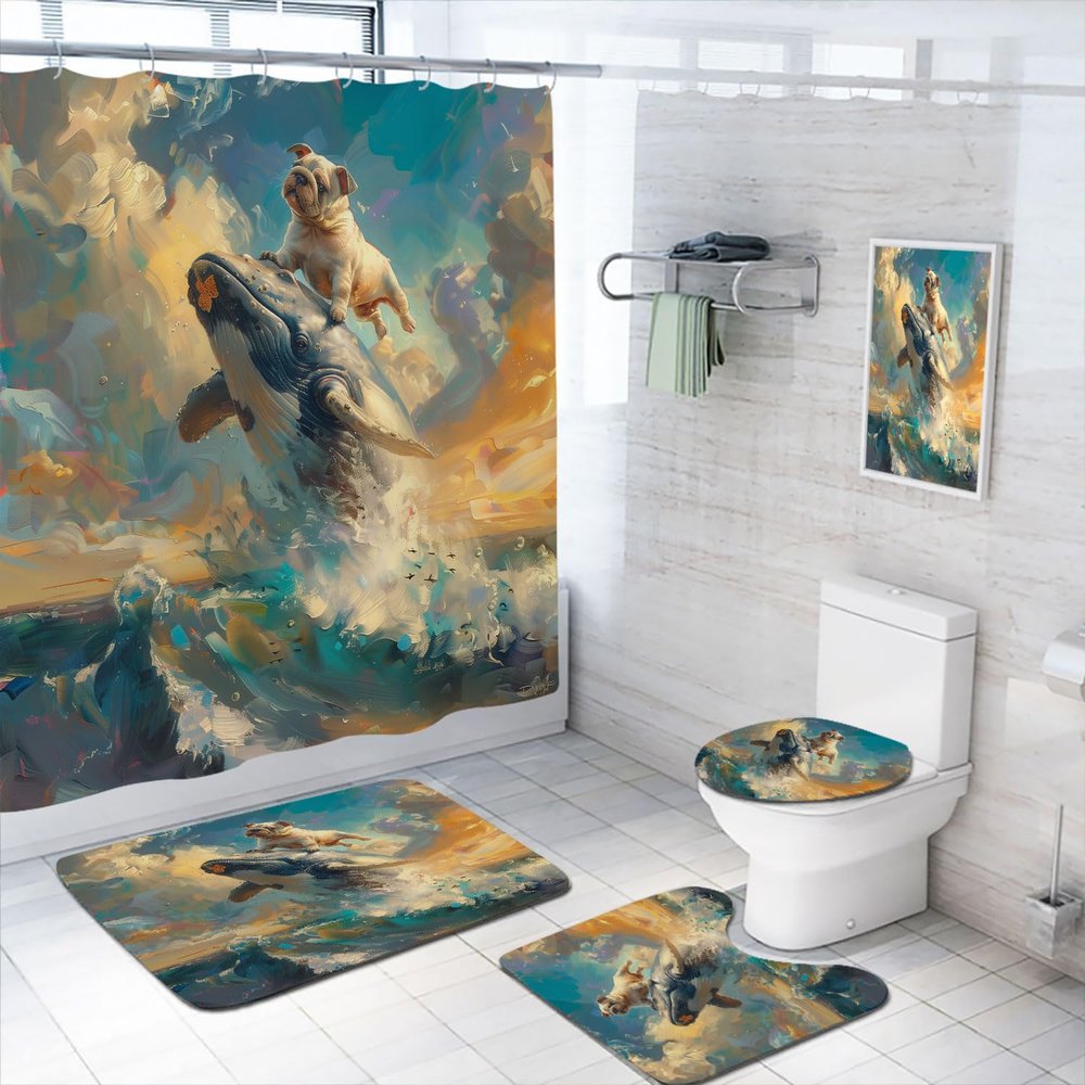 4 Pcs Funny Dog Bathroom Shower Curtain Set with Rugs,Toilet Lid Cover, Bath Mat Dog Riding Whale Blue Fun Nautical Cute Fish Bathroom Shower Curtain with 12 Hooks Accessories Decorative