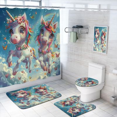 4 Pcs Cute Unicorns Shower Curtain Set with Rug, Toilet Lid Cover and Bath Mat Rainbow Butterfly Cute Animal Bathroom Shower Curtain with 12 Hooks Accessories Decorative