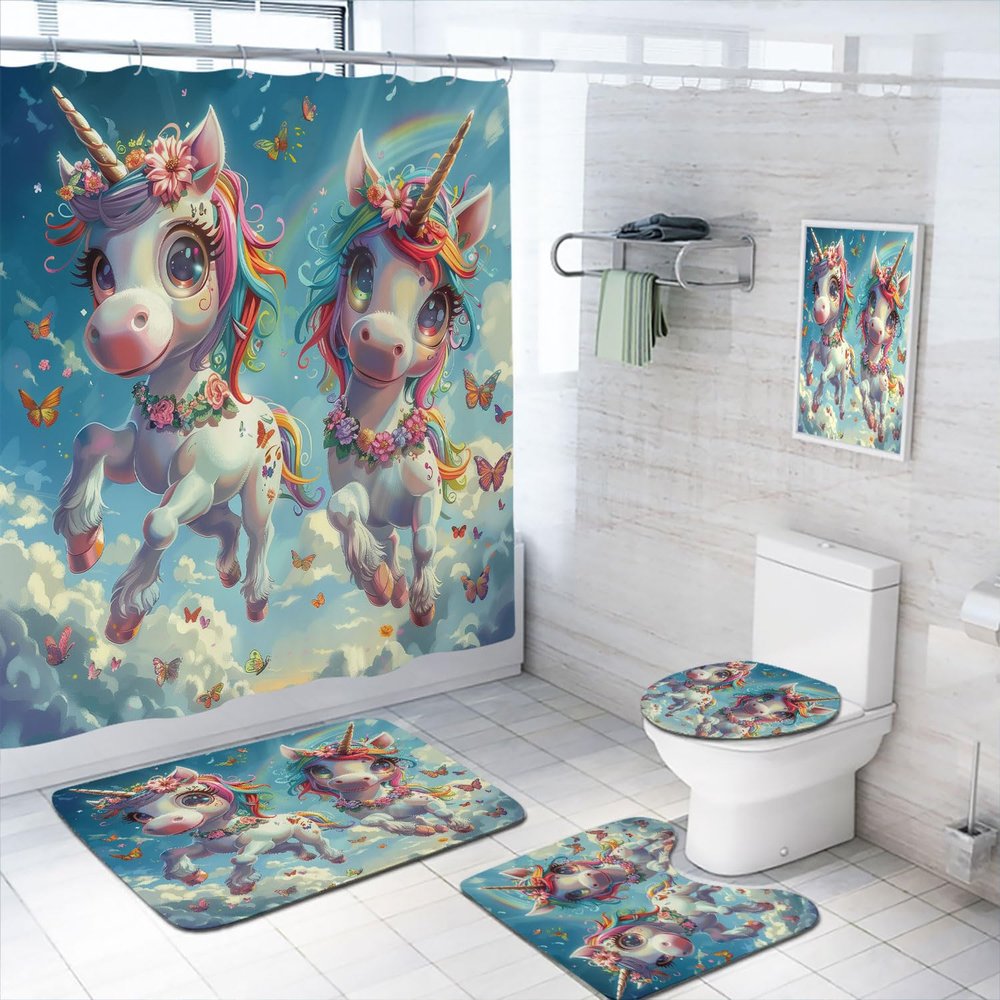 4 Pcs Cute Unicorns Shower Curtain Set with Rug, Toilet Lid Cover and Bath Mat Rainbow Butterfly Cute Animal Bathroom Shower Curtain with 12 Hooks Accessories Decorative