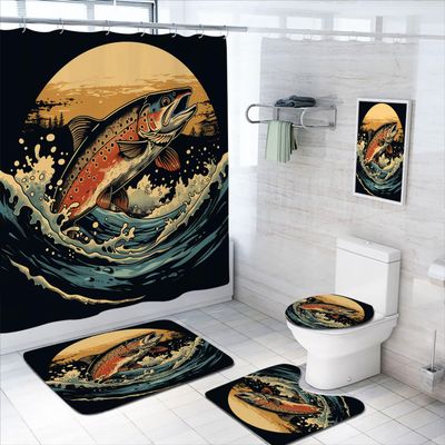 4 Pcs Rusticd Fish Shower Curtain Set with Non-Slip Rugs, Toilet Lid Cover and Bath Mat Retro Trout Jumping Vintage Fishing Bathroom Decor Sets Accessories with 12 Hooks