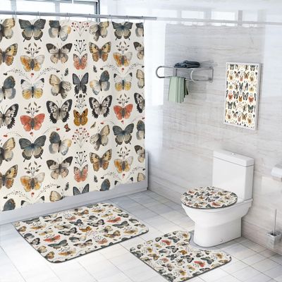 4 Pcs Dream Butterfly Bathroom Shower Curtain Set with Rug, Toilet Lid Cover and Bath Mat Ink Painting Flowers Spring Romantic Shower Curtain with 12 Hooks, Durable Bathroom Decor Set