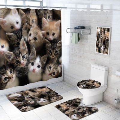 4 Pcs Lovely Cats Bathroom Shower Curtain Set with Rugs,Toilet Lid Cover, Bath Mat Cute Cats Kawaii Animals Kitten Bathroom Shower Curtain with 12 Hooks Accessories Decorative
