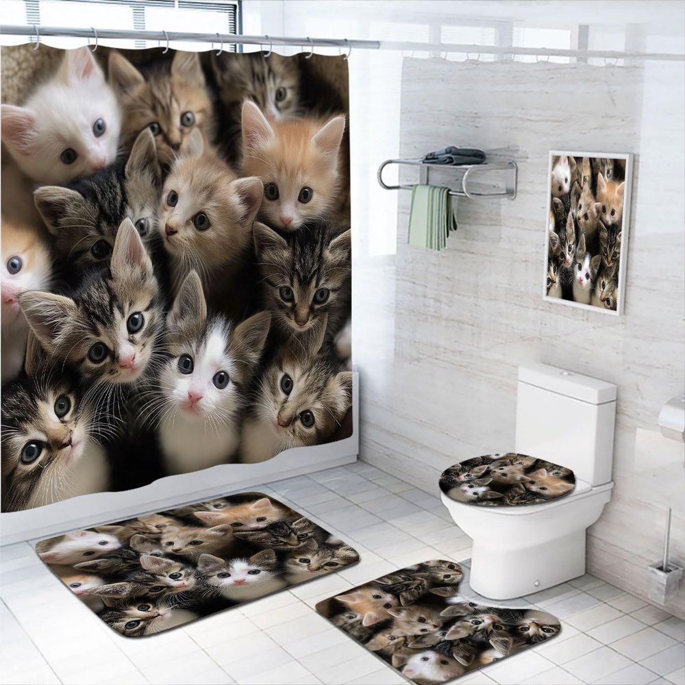 4 Pcs Lovely Cats Bathroom Shower Curtain Set with Rugs,Toilet Lid Cover, Bath Mat Cute Cats Kawaii Animals Kitten Bathroom Shower Curtain with 12 Hooks Accessories Decorative
