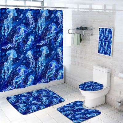 4 Pcs Jellyfish Bathroom Shower Curtain Set with Rug, Toilet Lid Cover and Bath Mat Dreamy Blue Magic Underwater Sea Life Bathroom Shower Curtain with 12 Hooks Accessories Decorative