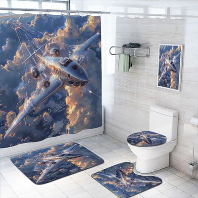 4 Pcs Airplane Shower Curtain Set with Non-Slip Rugs, Toilet Lid Cover and Bath Mat Aviation Aircraft Fighter Bomber Jets Plane Bathroom Shower Curtain with 12 Hooks Accessories Decorative