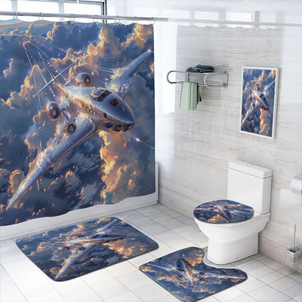 4 Pcs Airplane Shower Curtain Set with Non-Slip Rugs, Toilet Lid Cover and Bath Mat Aviation Aircraft Fighter Bomber Jets Plane Bathroom Shower Curtain with 12 Hooks Accessories Decorative