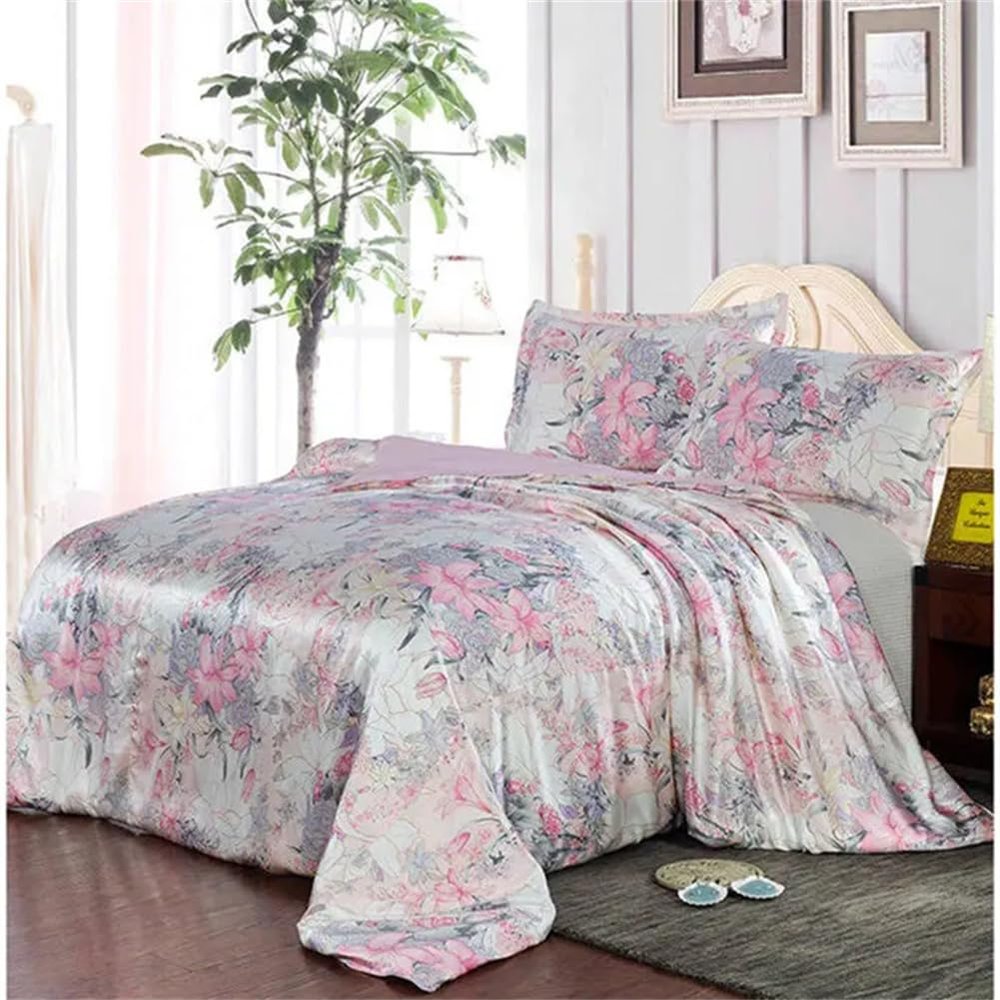 100% Mulberry Silk 3PCS Bedding Set Flower Print Duvet Cover Pillowcase Multi Size to Choose NO1 Size E