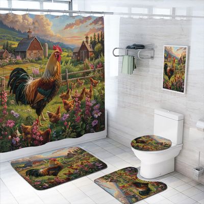 4 Pcs Farmhouse Bathroom Shower Curtain Set with Rugs,Toilet Lid Cover, Bath Mat Retro Farm Wooden Rooster Country Animals Bathroom Shower Curtain with 12 Hooks Accessories Decorative