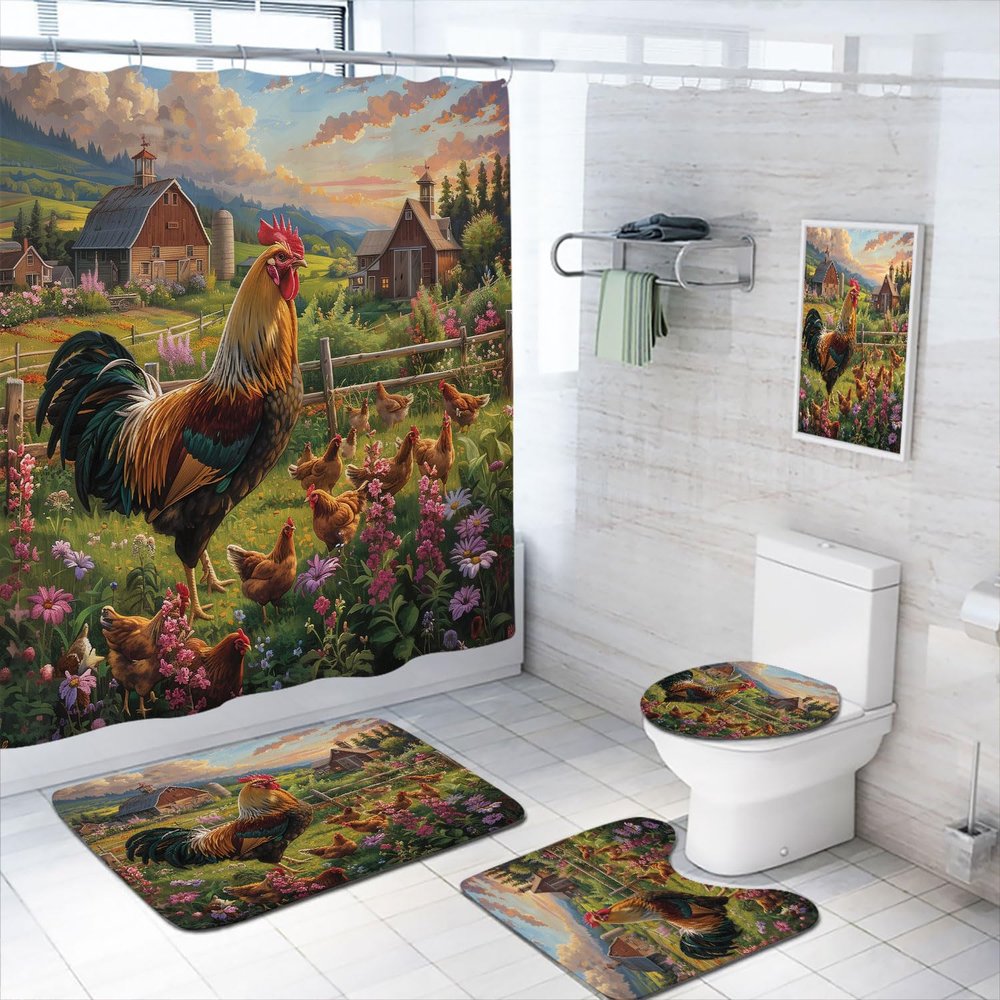 4 Pcs Farmhouse Bathroom Shower Curtain Set with Rugs,Toilet Lid Cover, Bath Mat Retro Farm Wooden Rooster Country Animals Bathroom Shower Curtain with 12 Hooks Accessories Decorative
