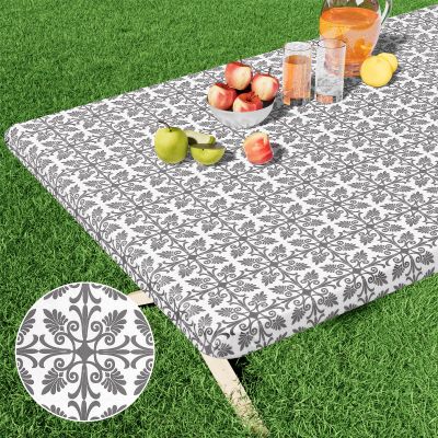 misaya Rectangle Vinyl Table Cloth, Elastic Fitted Flannel Backed Tablecloth, 100% Waterproof Plastic Table Cover Fits 6 Foot Folding Tables for Picnic, Camping, Outdoor (Grey, 30" x 72")