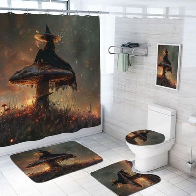4 Pcs Witch Bathroom Shower Curtain Set with Rugs,Toilet Lid Cover, Bath Mat Fantasy Mysterious Mushrooms Moon Magic Bathroom Decor Sets Accessories with 12 Hooks