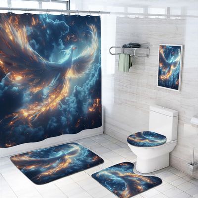 4 Pcs Phoenix Shower Curtain Set with Rugs,Toilet Lid Cover, Bath Mat Flying Bird Animal Fantasy Colorful Myth Bathroom Shower Curtain with 12 Hooks Accessories Decorative