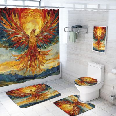 4 Pcs Phoenix Shower Curtain Set with Non-Slip Rugs, Toilet Lid Cover and Bath Mat Flame Bird Fantasy Colorful Myth Art Shower Curtain with 12 Hooks, Durable Bathroom Decor Set