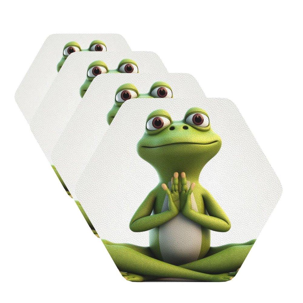 Coasters for Drink Leather Coasters Set of 4 The Funny Frog Doing Yoga Coffee Cup Mat Hexagon Tabletop Protection Mat for Bar Decorate Cup pad for Coffee Table Kitchen Dining Room