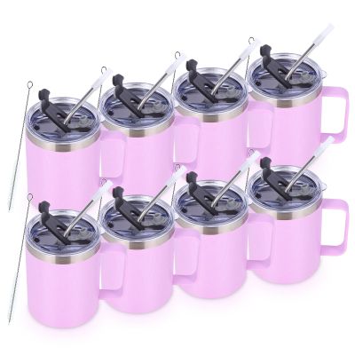 Volhoply 12oz Insulated Leakproof Coffee Mug with Flip & Straw Lid Bulk 8 Pack,Double Wall Vacuum Stainless Steel Travel Tumbler Cup with Handle,Reusable Camping Keep Cold/Hot(Purple,8 Set)