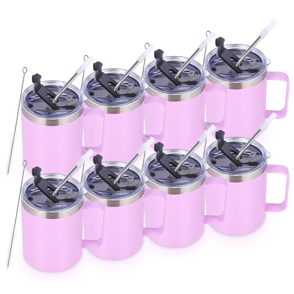 Volhoply 12oz Insulated Leakproof Coffee Mug with Flip & Straw Lid Bulk 8 Pack,Double Wall Vacuum Stainless Steel Travel Tumbler Cup with Handle,Reusable Camping Keep Cold/Hot(Purple,8 Set)
