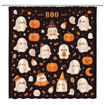 ABONAN Halloween Shower Curtain Funny Spooky Ghost Cute Grimace Cartoon Ghost Horror Festival Party Boy Girl Fabric Bathroom Decor Set with Hooks(67" Wx70 H)