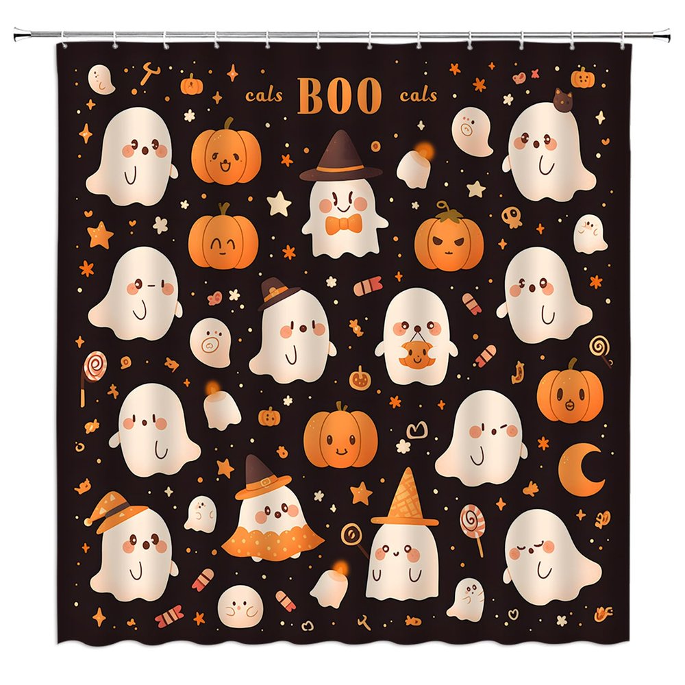 ABONAN Halloween Shower Curtain Funny Spooky Ghost Cute Grimace Cartoon Ghost Horror Festival Party Boy Girl Fabric Bathroom Decor Set with Hooks(67" Wx70 H)