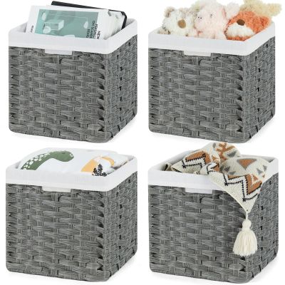 Bidtakay Wicker Storage Baskets for Organizing 4-Pack Hand-Woven Imitation Dark Grey Wicker Cube Storage Bins with Liners for Shelves Closet Cabinet 11x11 Waterproof Cube Organizer for Pantry