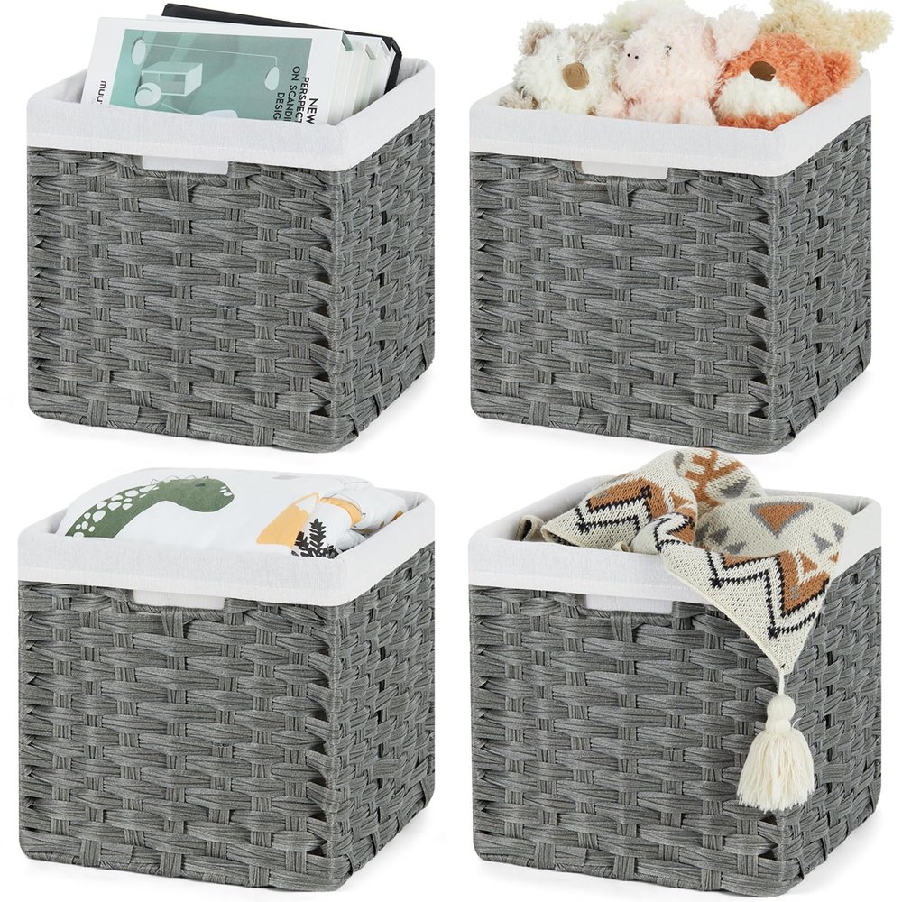 Bidtakay Wicker Storage Baskets for Organizing 4-Pack Hand-Woven Imitation Dark Grey Wicker Cube Storage Bins with Liners for Shelves Closet Cabinet 11x11 Waterproof Cube Organizer for Pantry