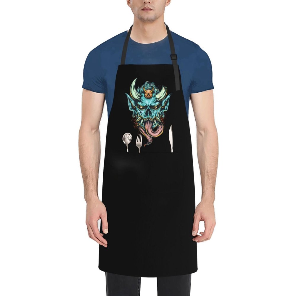 KOSPOGO The Dreaded Demon Head Aprons With Pockets Men Women Waterproof Adjustable Bib Apron Kitchen Gardening Salon Aprons For Cooking