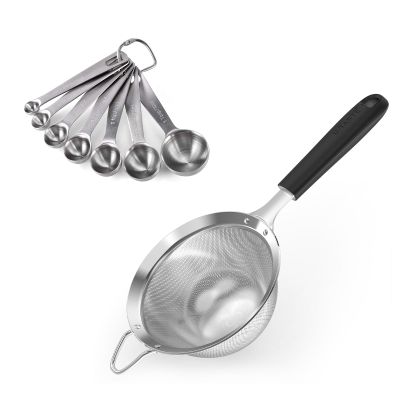 18/8 Stainless Steel Measuring Spoons Set for Dry and Liquid Ingredients (Set of 7), and 4.73in Medium Fine Mesh Strainer with Sturdy Riveted Silicone Handle and Strong Frame (Black)