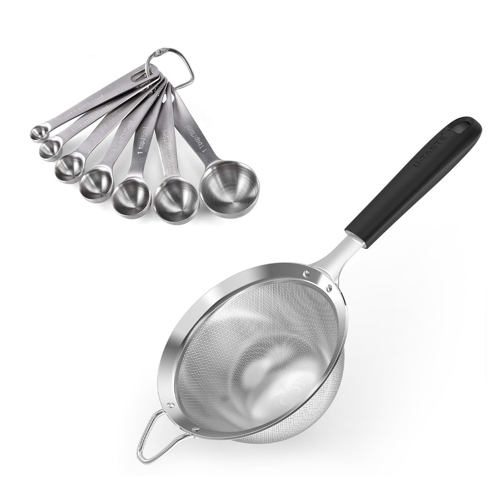 18/8 Stainless Steel Measuring Spoons Set for Dry and Liquid Ingredients (Set of 7), and 4.73in Medium Fine Mesh Strainer with Sturdy Riveted Silicone Handle and Strong Frame (Black)