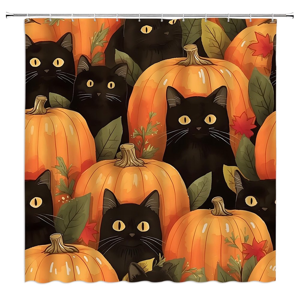ABONAN Pumpkin Shower Curtain Funny Black Cat Halloween Harvest Thanksgiving Day Pumpkin Leaves Rustic Farmhouse Cute Cartoon(78" Wx70 H)