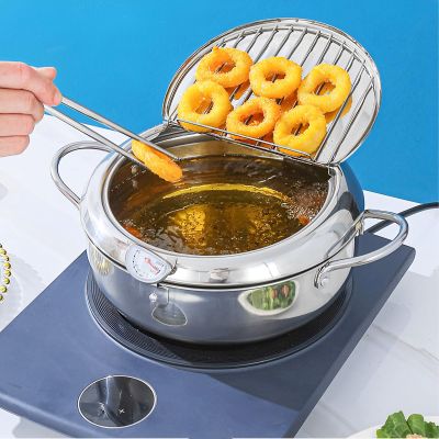 DJAPWPX Deep Fryer Pot with Strainer Basket and Thermometer Stainless Steel Deep Frying Pot with Handle 3 Sizes Oil Mini Fryer Deep Frying Oil Container for Frying Fish Shrimp Chicken (24cm), Silver