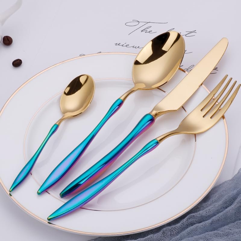 48-piece gloden silverware set, premiun 18/8 stainless steel flatware sets for 12, blue handle flatware cutlery set for home kiechen restaurant hotel wedding dishwasher safe