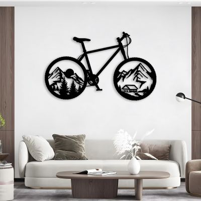 Idadey Metal Bicycle Wall Decor - Mountain Bike & Cyclist Themed Wall Art, Biker Gift - Black, 48"x29" | 121x75cm