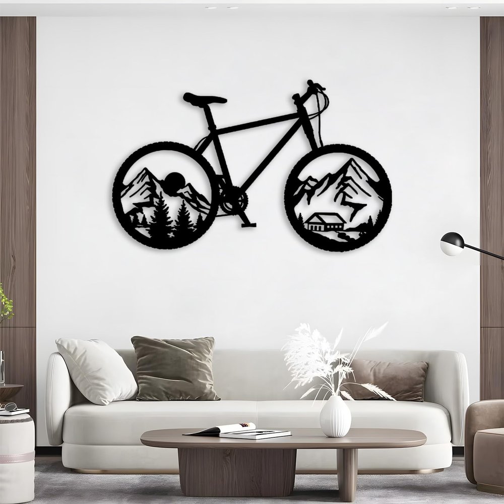 Idadey Metal Bicycle Wall Decor - Mountain Bike & Cyclist Themed Wall Art, Biker Gift - Black, 48"x29" | 121x75cm