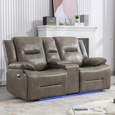 Olodumare Leather Recliner Loveseat, Home Theater Seating with Center Console, LED Light Strip, and Storage Box, Double Recliner Wall Hugger Dual Recliner Sofa 2 Seater for Living Room Office RV(Grey)