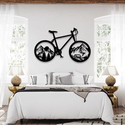 Idadey Metal Bicycle Wall Decor - Mountain Bike & Cyclist Themed Wall Art, Biker Gift - Black, 30"x18" | 76x47cm