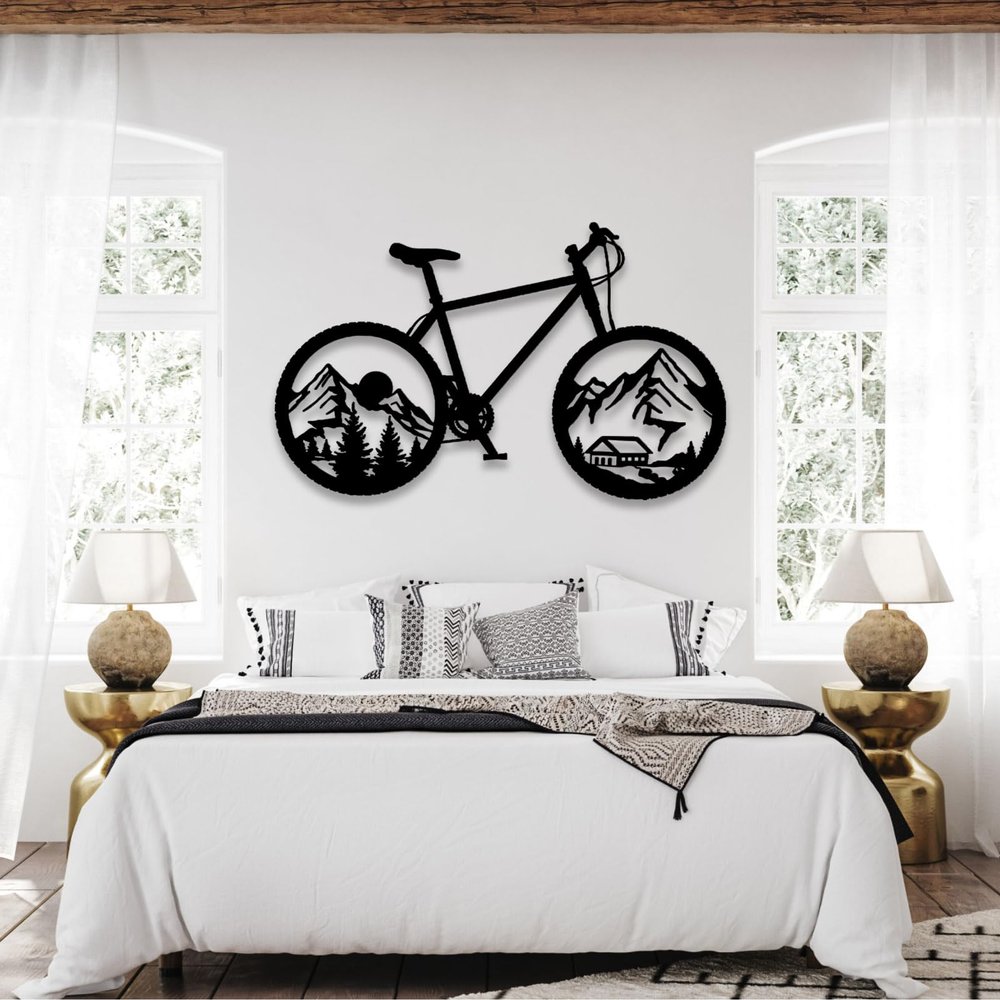 Idadey Metal Bicycle Wall Decor - Mountain Bike & Cyclist Themed Wall Art, Biker Gift - Black, 30"x18" | 76x47cm