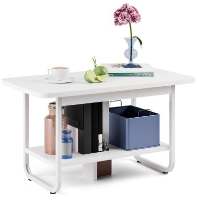 Altsuceser Modern Coffee Table, Coffee Table with Storage Shelf, Tea Table for Living Room, 2 Layer Coffee Table with Stable Base, Easy Assembly White