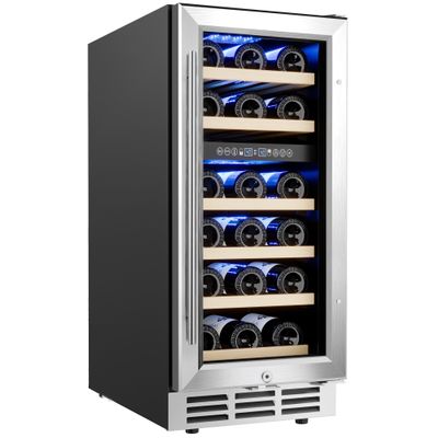 EUHOMY 15 Inch Wine Fridge, Dual Zone Wine Chiller with Digital Temperature Control, Wine Cooler Upgraded Compressor Fits Low Noise, Wine Storage with Double-Layer Glass Door, 33 Bottles.