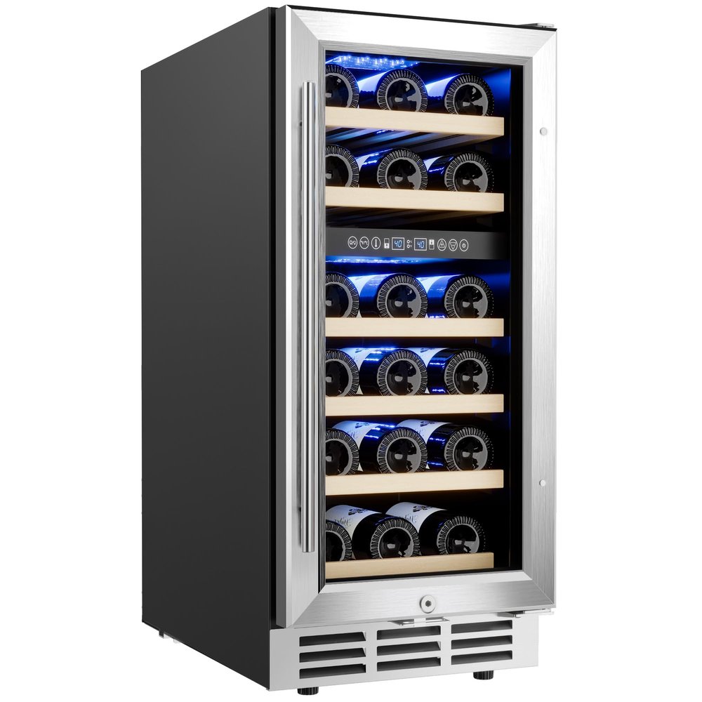 EUHOMY 15 Inch Wine Fridge, Dual Zone Wine Chiller with Digital Temperature Control, Wine Cooler Upgraded Compressor Fits Low Noise, Wine Storage with Double-Layer Glass Door, 33 Bottles.