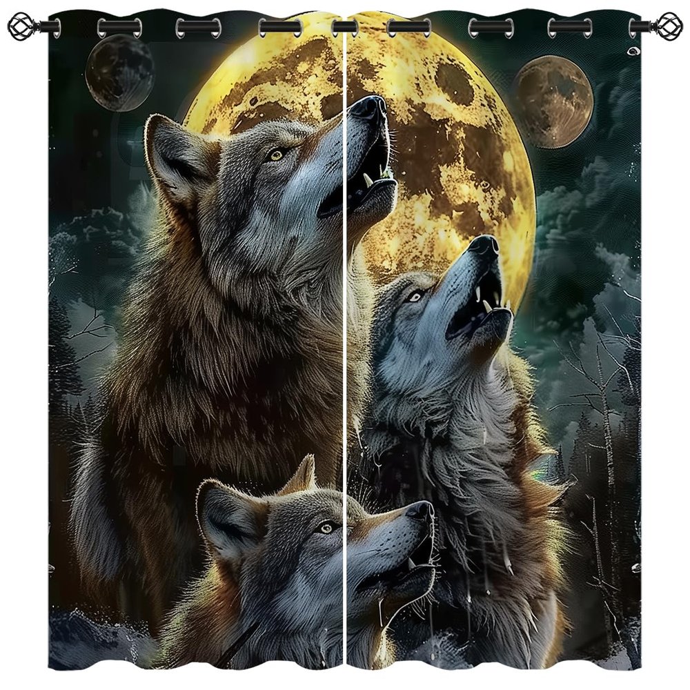 18TH CROZY Howling Wolf Blackout Curtains for Girls Boy Home Decor, Night Moon Forest Wildlife Wolf Grommet Thermal Insulated Drapes Darkening Window Curtain for Bedroom Living Room, 72 x 63 Inch