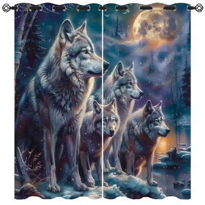 18TH CROZY Wolf Blackout Curtains for Girls Boy Home Decor, Fantasy Nature Forest Wolf Hunting Moon Grommet Thermal Insulated Drapes Darkening Window Curtain for Bedroom Living Room, 72 x 63 Inch