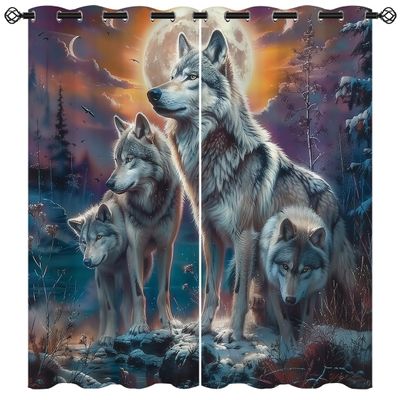18TH CROZY Wolf Blackout Curtains for Girls Boy Home Decor, Nature Forest Wolf Hunting Wild Animal Moon Grommet Thermal Insulated Drapes Darkening Window Curtain for Bedroom Living Room, 72 x 63 Inch