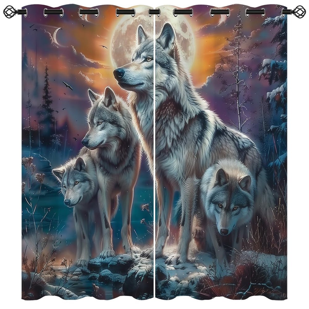 18TH CROZY Wolf Blackout Curtains for Girls Boy Home Decor, Nature Forest Wolf Hunting Wild Animal Moon Grommet Thermal Insulated Drapes Darkening Window Curtain for Bedroom Living Room, 72 x 63 Inch