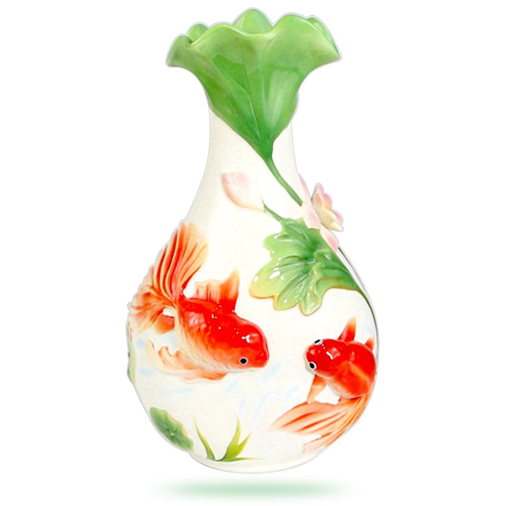 SecondWinterDJ Porcelain Vase Flower Centerpiece, Ceramic Lotus White Gradient Hydroponic Planter, Goldfish Cylindrical Bottle Great Gift Desktop Decorations for Indoor Office Bookshelf, Dinner Table