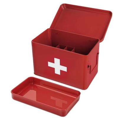 Plexon 8.5" Metal First Aid Box Empty, Medicine Storage Bin with Lid, Emergency Supplies Organizer, Portable First Aid Kit Case, Red