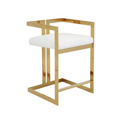 Benjara Suki 26" Counter Height Chair- White Faux Leather- Gold Cantilever Base